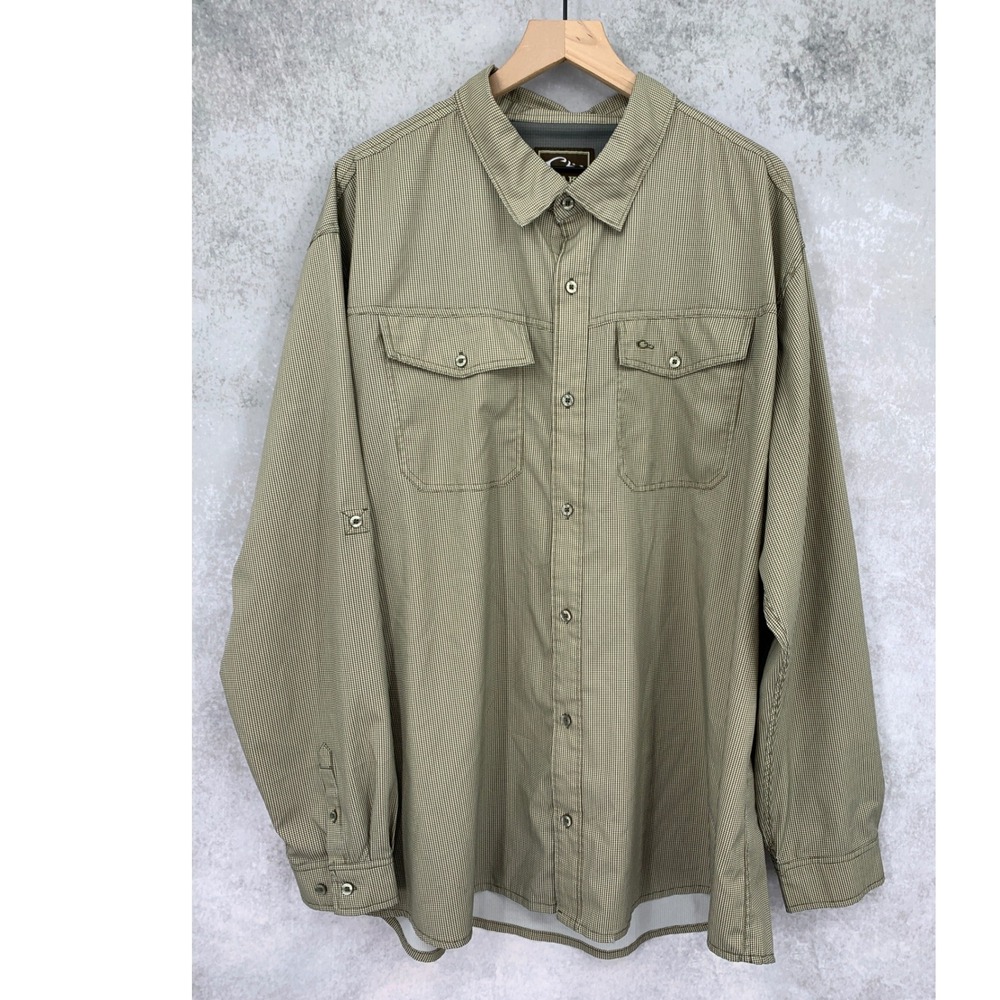 Drake Clothing Company Button Up Shirt Mens 2XL Green Micro Check Fishing Shirt